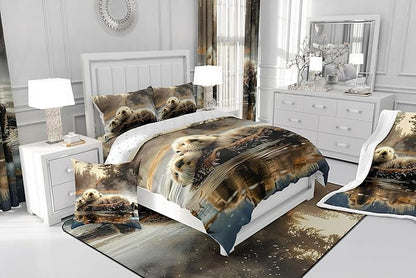 Manfei Sea Otter Bedding Comforter Sets Queen,Wildlife Otter Couple Swimming Bedding Set for Bedroom Decoration,Cute Otter Jungle Adventure with 1 Comforter and 2 Pillow Cases Bedroom Decor