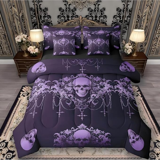 Erosebridal Gothic Comforter Set 7 Piece Bed in a Bag Twin,Goth Sugar Skull Purple Damask Bedding Set,Bohemian Vintage Floral Comforter and Sheet Set,Exotic Antique Victorian Baroque Decor