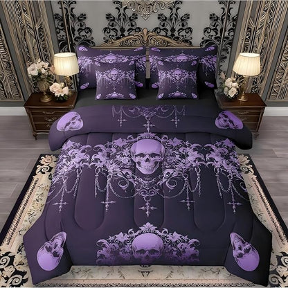 Erosebridal Gothic Bed in a Bag Queen Comforter Set 7 Piece,Goth Sugar Skull Purple Damask Bedding Set,Bohemian Vintage Floral Comforter and Sheet Set,Exotic Antique Victorian Baroque Decor