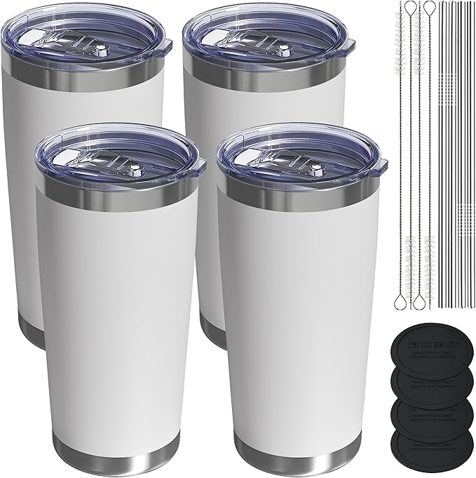 Travel Coffee Tumbler 20oz, 4 Pack Leakproof Travel Coffee Mug with Lid and Straw, Stainless Steel Double Wall Vacuum Insulated Tumbler for Hot/Iced Drinks (Textured Matte, White)