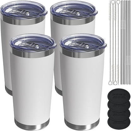 Travel Coffee Tumbler 20oz, 4 Pack Leakproof Travel Coffee Mug with Lid and Straw, Stainless Steel Double Wall Vacuum Insulated Tumbler for Hot/Iced Drinks (Textured Matte, White)