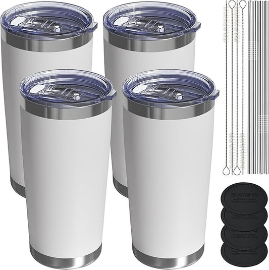 Travel Coffee Tumbler 20oz, 4 Pack Leakproof Travel Coffee Mug with Lid and Straw, Stainless Steel Double Wall Vacuum Insulated Tumbler for Hot/Iced Drinks (Textured Matte, White)