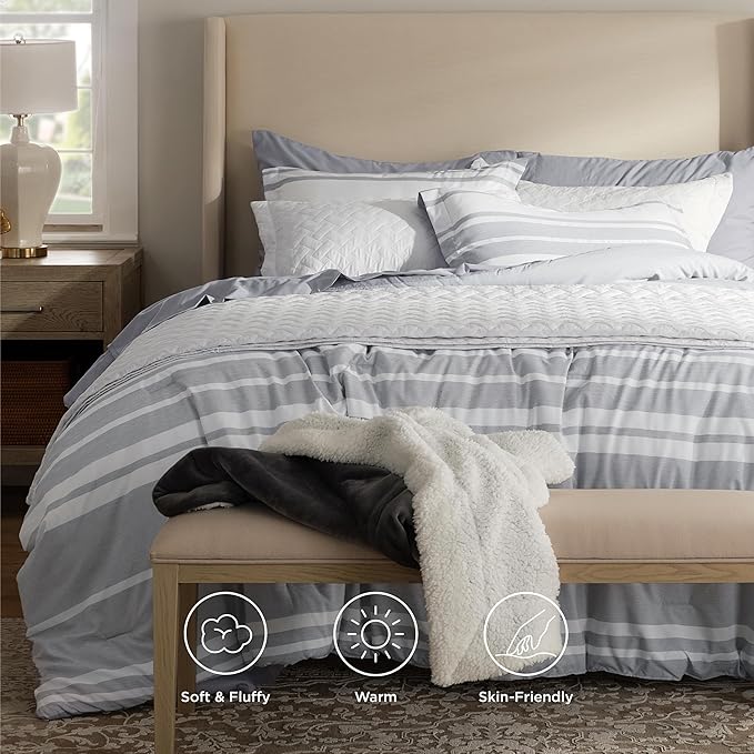 Bedsure Full Comforter Set 7 Pieces, Grey Striped Bedding Set for All Seasons, Reversible, Cationic Dyeing Bed in a Bag with Comforter, Sheets, Pillowcases & Shams