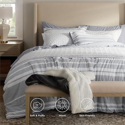 Bedsure Queen Comforter Set 7 Pieces, Grey Striped Bedding Set for All Seasons, Reversible, Cationic Dyeing Bed in a Bag with Comforter, Sheets, Pillowcases & Shams