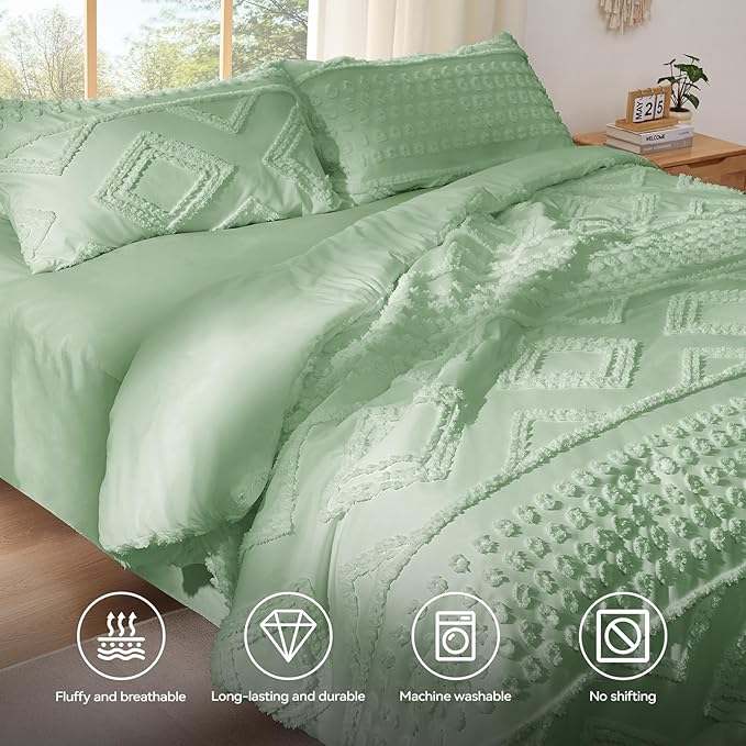 Boho Queen Comforter Set Sage Green with Sheets, 3 Pieces Tufted Queen Comforter Sets Boho Bedding Cream Soft Warm Neutral Comforter Sets for All Seasons