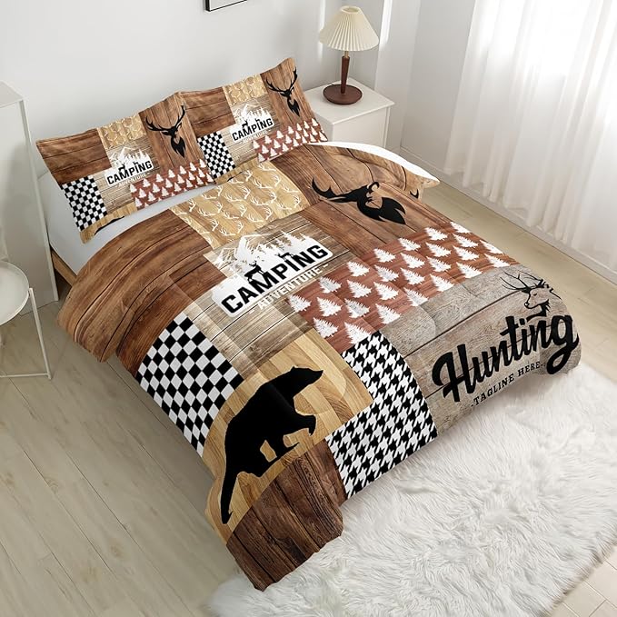 Bear and Deer Comforter Set Queen,Camping Camo Wild Animals Hunting Bedding Set for Kids Teens and Adults Soft Microfiber All Season(1 Comforter & 2 Pillowcases)