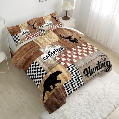 Bear and Deer Comforter Set Queen,Camping Camo Wild Animals Hunting Bedding Set for Kids Teens and Adults Soft Microfiber All Season(1 Comforter & 2 Pillowcases)