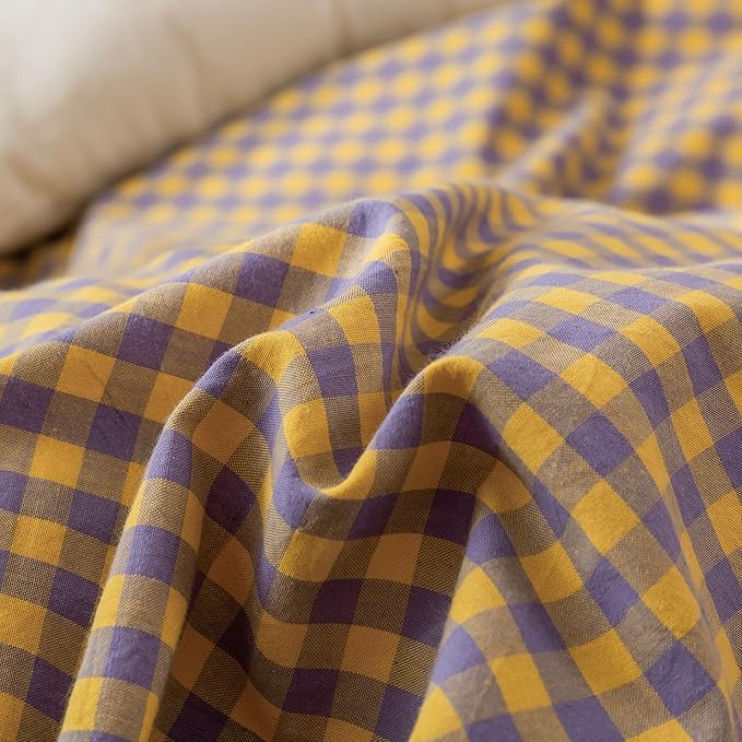 HighBuy Yellow Purple Gingham Comforter Set Full Size,Fluffy Comfortable Plaid Bedding Comforter Modern Checkered Grid Printed Comforter Set 3 Pieces,Gingham Comforter with 2 Pillowcases