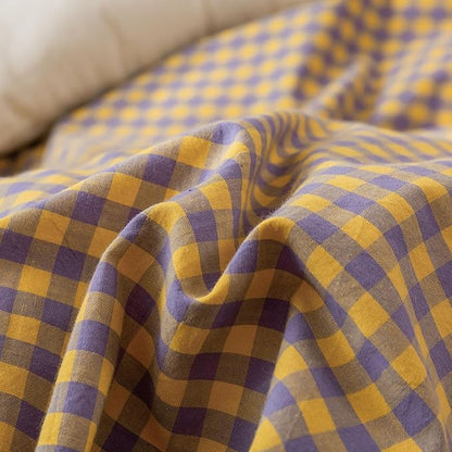 HighBuy Yellow Purple Gingham Comforter Set Full Size,Fluffy Comfortable Plaid Bedding Comforter Modern Checkered Grid Printed Comforter Set 3 Pieces,Gingham Comforter with 2 Pillowcases