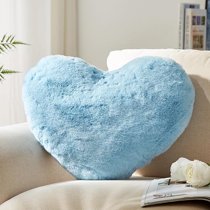 YRXRUS Heart Pillows, Love Heart Shaped Pillow, Small Cute Blue Heart Pillows for Gifts, Faux Rabbit Throw Pillows for Her, Kids, Girls Home Decoration, 10X11 Inch
