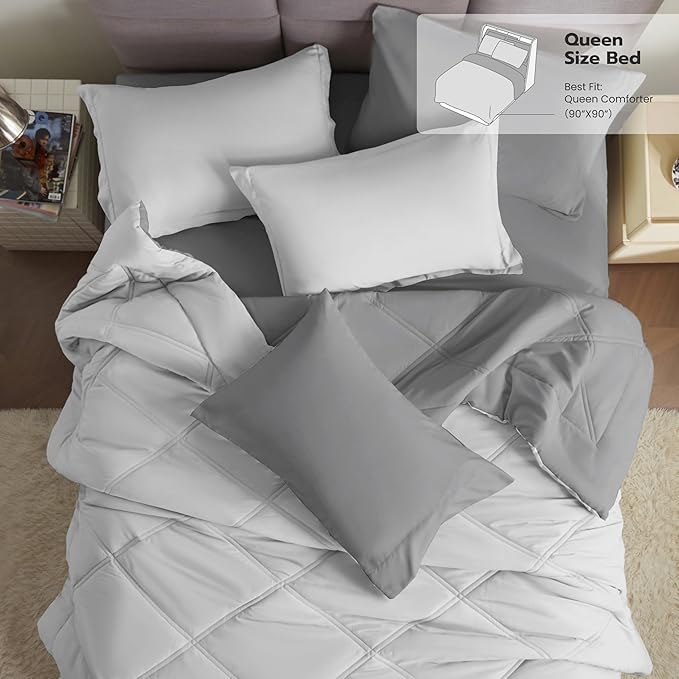 Joiedomi Queen Comforter Set with Sheets Light Grey, 7 Pieces Queen Bed Set with 1 Down Alternative Comforter, 1 Flat Sheet, 1 Fitted Sheet, 2 Pillowcases and 2 Pillow Shams, Bed in a Bag All Seasons
