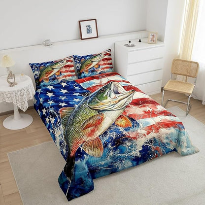 Erosebridal Pike Fish King Bedding Set,American Flag Fishing Comforter Set for Kids Boys Men,Big Bass Fish Comforter,Rustic Vintage Lake House Bedroom Room Decor,2 Pillowcases Breathable