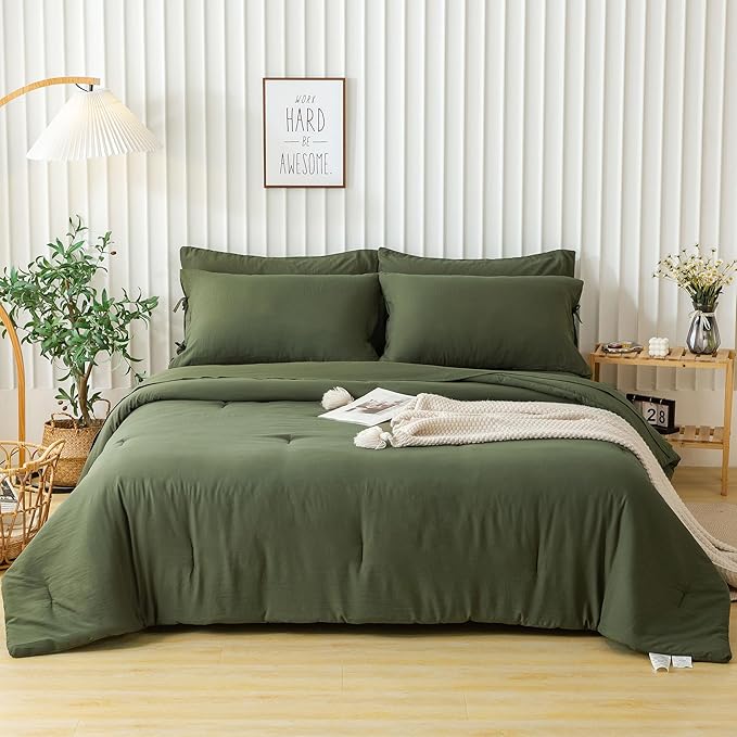 COTTEBED Ultra-Soft TWIN XL Comforter Set with Sheets - 5 Piece Bed in a Bag Blanket Comforter Fitted Sheet Set, Lightweight Boho Polycotton for Teen Boy Girls College Dorm All Season Dark Olive Green