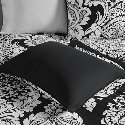 Madison Park Vienna Sateen Cotton Comforter Set, Breathable, Soft Cover, Trendy, All Season Down Alternative Cozy Bedding with Matching Shams, California King, Black 7 Piece