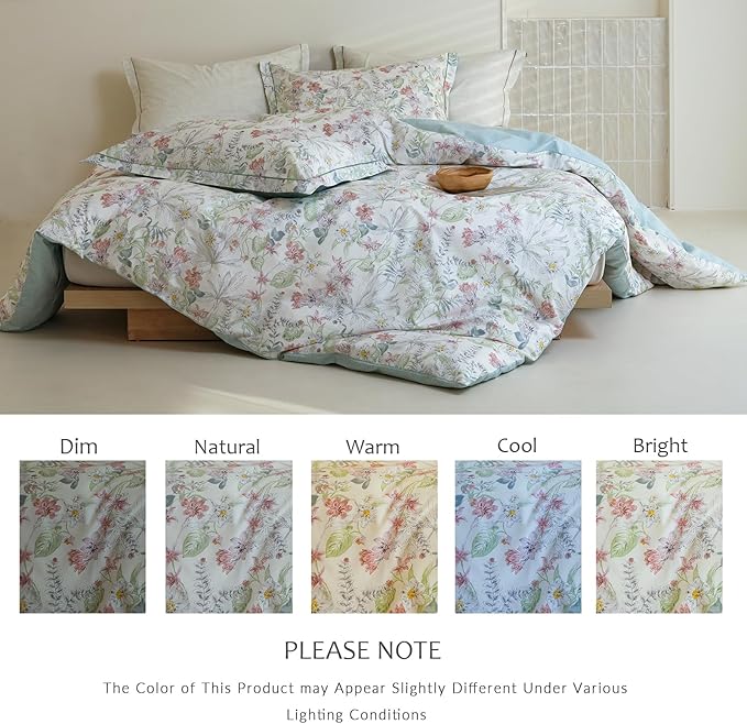 Cotton King Size Comforter Set, 3Pcs Flower Print Botanical Comforter for All Seasons, Luxury Warmth Comfy Breathable Bedding Set with 1 Lightweight Comforter and 2 Pillow Shams