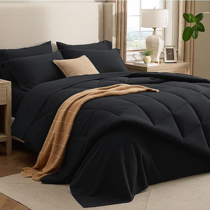 Bedsure 7 Pieces King Comforter Set Premium Series, Hotel Luxury Soft Bed in a Bag, Goose Down Alternative, Safe for Sensitive Skin Bedding Comforter All Season Medium Warmth, Black King Size