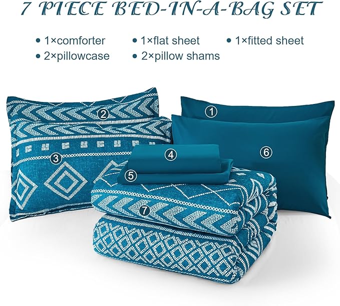Yiran Teal Blue Comforter Set Queen Size, 7 Piece Boho Aztec Bedding Set, Geometric Bed in a Bag Queen, Soft Microfiber Bohemian Striped Complete Bedding Set with Sheets for All Season