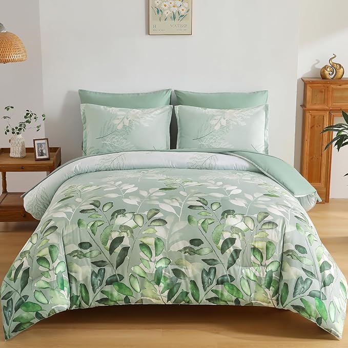 Anibedding Sage Green King Size Comforter Set, 7 Piece Botanical Gradient Leaves Ultra Soft Microfiber Down Alternative Bedding Set with Sheets Pillowcase for All Season