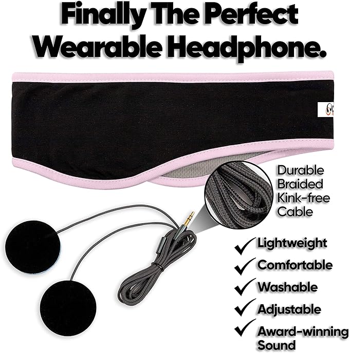 CozyPhones Sleep Headphones - Over Ear Headphones from Ultra Thin Cool Mesh Wired for Side Sleepers, Meditation, Running, Laptop, and Phone - Pink Lycra