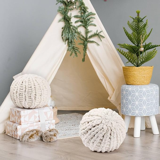 Suzile 2 Pcs Round Knot Pillows Gifts 13.8 Inch Chunky Knitted Throw Pillows Handmade Cushions Soft Circle Supplies for Home Bed Sofa Couch Housewarming Decoration(Beige)