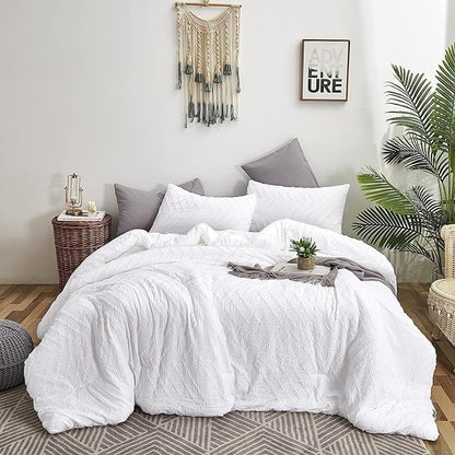 Houseri King Size Comforter Set - Solid White Tufted Bedding - Boho Jacquard Pattern - All White Shabby Chic - Plain Farmhouse Style - King Size Comforter, Quilt, Blankets