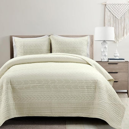 Lush Decor Hygge Geo Pattern Striped 3 Piece Quilt Bedding Set, Full/Queen, Ivory