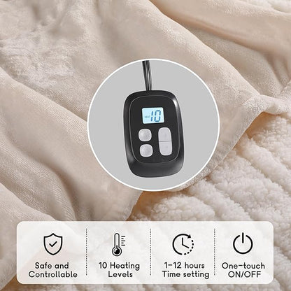 Heated Blanket Electric Blanket Queen Size 84''x90'' with 10 Heating Levels, 1-12 Hour Auto Shut Off, Machine Washable, Dual Controller Soft Warming Blanket for Couch, Bed, Office - White