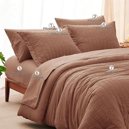 CozyLux Full Size Comforter Sets with Sheets Seersucker 7 Pieces Mocha Mousse Bed in a Bag Textured Luxury Soft Bedding Set with Down Alternative Comforter, Sheets, Pillowcases & Shams for All Seasons