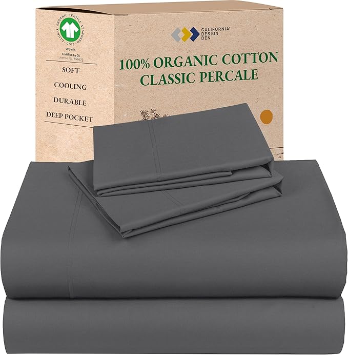 California Design Den Full Size Sheet Set - Soft 100% Organic Bed Sheets with Deep Pockets, Crisp Percale, Breathable and Durable Bedding Set - Grey