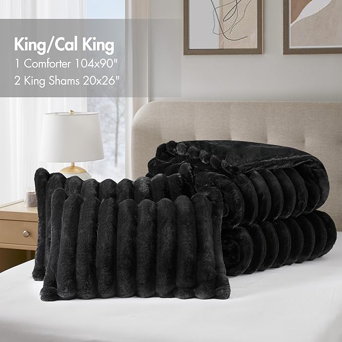 Madison Park Jasmine King Comforter Set, Luxurious Reversible Faux Fur Plush Ribbed Velvet Bedding, Fuzzy Thick Warm Winter Comforter, Super Soft Fluffy 3-Piece Set Black