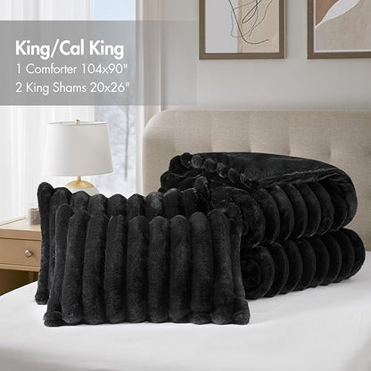 Madison Park Jasmine King Comforter Set, Luxurious Reversible Faux Fur Plush Ribbed Velvet Bedding, Fuzzy Thick Warm Winter Comforter, Super Soft Fluffy 3-Piece Set Black