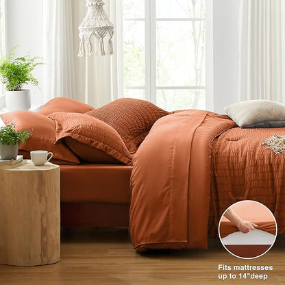 Love's cabin Seersucker Terracotta Twin Comforter Set, 5-Piece All Season Lightweight Bed in a Bag Bedding Set with Comforter, Flat Sheet, Fitted Sheet, Pillowcase and Sham | Soft, Breathable, Lightweight