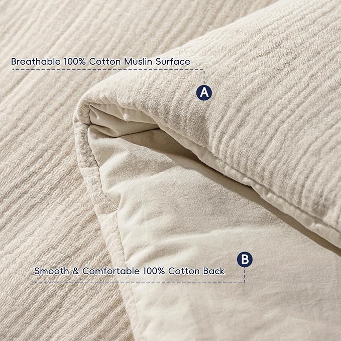 PHF Cotton Muslin Comforter Set Queen – 100% Cotton Cover, Ultra Soft & Breathable, 3PCS Lightweight All-Season Bedding with Polyester Fill, 1 Comforter 90"x90" & 2 Pillow Shams 20"x26", Natural