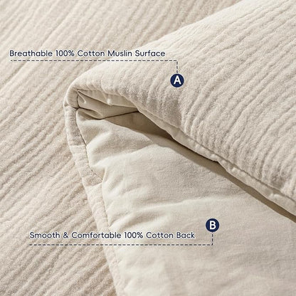 PHF Cotton Muslin Comforter Set King – 100% Cotton Cover, Ultra Soft & Breathable, 3PCS Lightweight All-Season Bedding with Polyester Fill, 1 Comforter 104"x90" & 2 Pillow Shams 20"x36", Natural