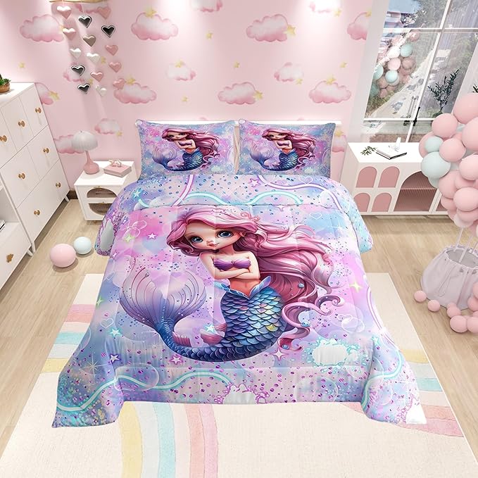 Cute Mermaid Reversible King Size Comforter Set,Lovely Pink Mermaid Decor All Season Bedding Set,Teens Rainbow Stars Galaxy Comforter,Dreamy Love Decor Quilt Set Bedroom Collection 3Pcs,Colorful