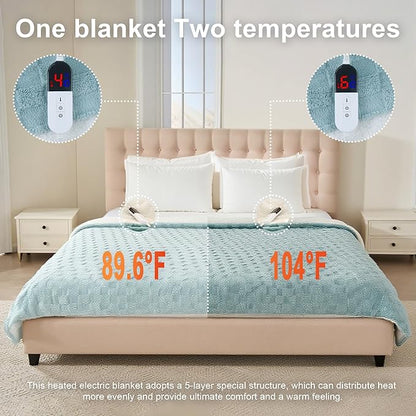 Electric Blanket, Heated Blanket with 6 Heat Levels & 10 Hours Auto Off, Soft Checked Flannel Fast Heating Blanket with ETL & FCC Certification (Green, 62"X84")