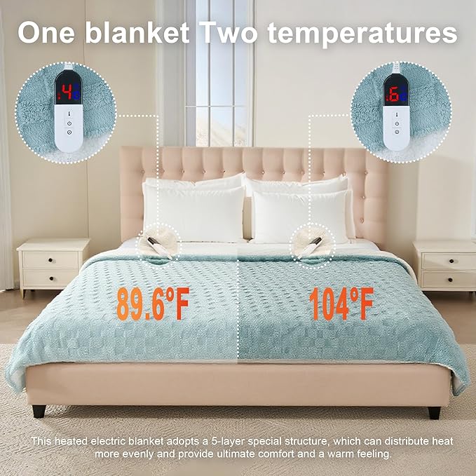 Electric Blanket, Heated Blanket with 6 Heat Levels & 10 Hours Auto Off, Soft Checked Flannel Fast Heating Blanket with ETL & FCC Certification (Green, 90"X100")