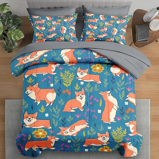 Comforter Set Full Size, Cute Dog Corgi 7 Pcs Bedding for Kids and Adults, Flower Funny Grey Bed Sheet Sets with Fitted Sheet 2 Pillowcases & 2 Shams for Bedroom Bed Decor