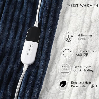 Electric Blanket Heated Throw Blanket, Super Soft Flannel & Sherpa Electric Throw Blanket with 6 Fast Heating Levels, 4 Hours Auto Off & OverHeat Protection, Machine Washable, 50'' X 60'', Navy Blue