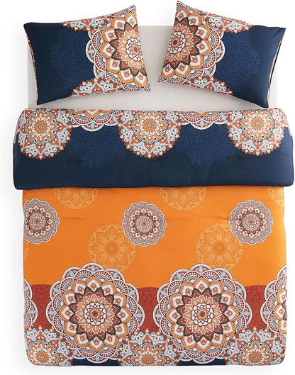 Wake In Cloud - Bohemian Comforter Set, Boho Chic Ornate Floral Elements Pattern Printed for Men Women, Soft Lightweight Bedding, 3 Pieces, Orange Navy, Queen Size