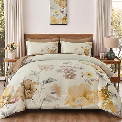 DJY Floral Comforter Set King Size 7 Pieces Cream & Warm Yellow Floral Bed in a Bag with Flower Leaves Pattern, Soft Microfiber Botanical Comforter and Sheet Set All Season Bedding Set(104''x90'')