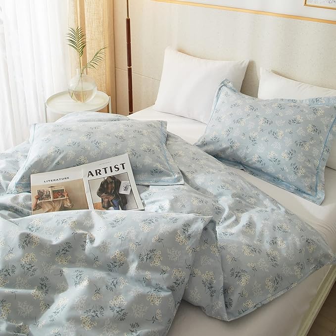 mixinni 3pcs Boho Floral Comforter Set Full Size, Botanical Blue Flowers Leaves Cute Bedding Comforter Sets for Women, 1 Soft Garden Style Comforter and 2 Pillowcases for All Seasons