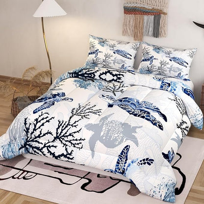 Sea Turtle Comforter Set, White Color 3D Pattern for Kids Teens Adults,Decorative Bedding Comforter Sets with 2 Pillow Shams, Full Size