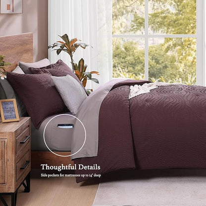 Geniospin King Comforter Set - 7 Pieces Purple Bedding Set, Botanical Textured Comforter Set, All Season Comfortable Bed in a Bag with Comforter, Sheets, Pillowcases & Shams