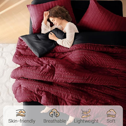 MUXHOMO 7 Pieces King Comforter Set, Seersucker Bed in a Bag King Size, All Season Luxury Bedding Set with Comforter, Flat Sheet, Fitted Sheet, Pillowcases & Shams, Red & Black