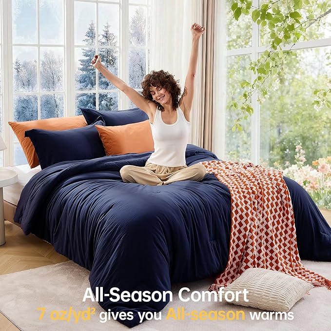 MUXHOMO Oversized Queen Comforter Sets, All Season Ultra Soft Down Alternative Bedding - 3 Piece Lightweight Bed Set Includes 1 Comforter (98"*98") and 2 Pillow Shams (20"x26"), Navy Blue