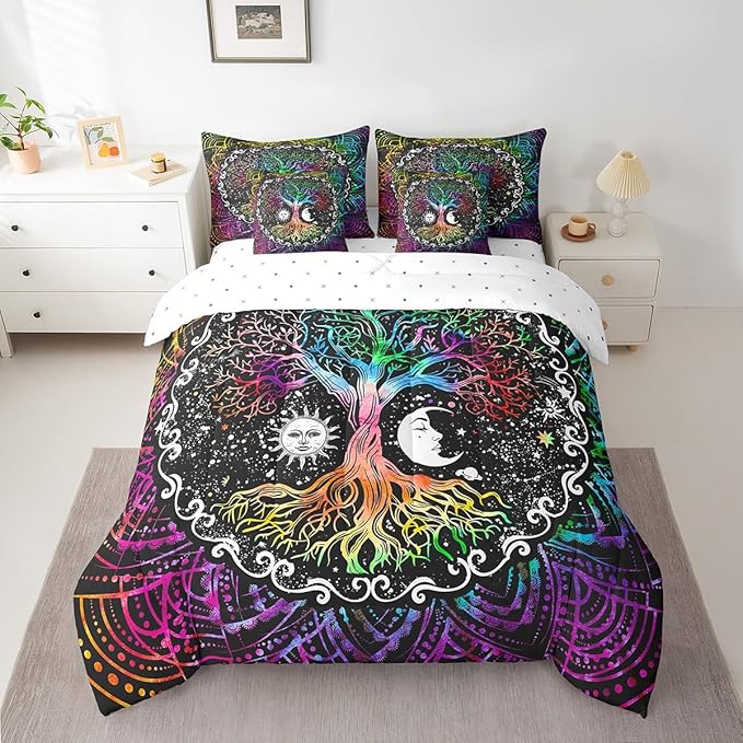 Erosebridal 7 Pcs Tree of Life Comforter Set Queen Size,Sun and Moon Bed in a Bag with Flat Fitted Sheet for Kids and Adults,Boho Mandala Flower Galaxy Bedding Set with Pillowcases and Cushion Cases