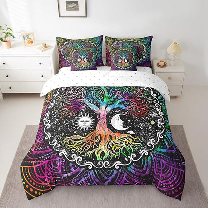 Erosebridal 7 Pcs Tree of Life Comforter Set Queen Size,Sun and Moon Bed in a Bag with Flat Fitted Sheet for Kids and Adults,Boho Mandala Flower Galaxy Bedding Set with Pillowcases and Cushion Cases