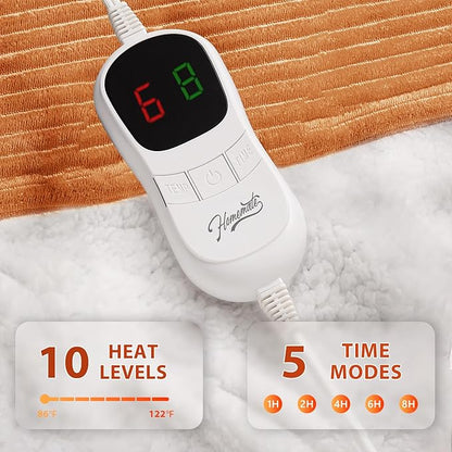 Homemate Electric Heated Blanket Full Size - 72"x84" Heating Blanket Full Size 1/2/4/6/8 Hours Auto-Off 10 Heat Level Over-Heat Protection Soft Flannel Sherpa ETL Certification