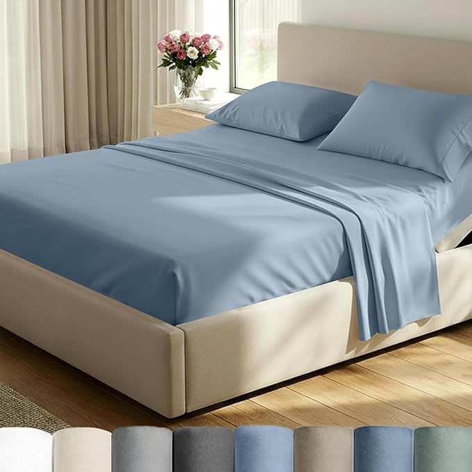 California Design Den Split King Sheet Set - 100% Cotton, 600 Thread Count, Breathable Luxury King Size Sheets for Adjustable Bed, Luxury Soft Hotel-Quality Sheets with Sateen Weave - Pastel Blue